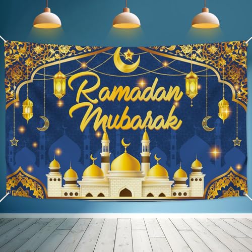 Toile de fond Aïd Mubarak de 1,8x1,1 m avec grand décor de mosquée lune et étoiles pour photographie