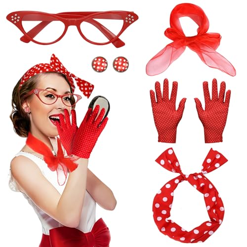 Tutukyle Damen 50er Jahre Accessoires Rockabilly 5TLG Rot 60er Jahre Outfit Chiffonschal Punkte Brille Handschuhe Punkteohrringe Perfekt für Retro-Partys