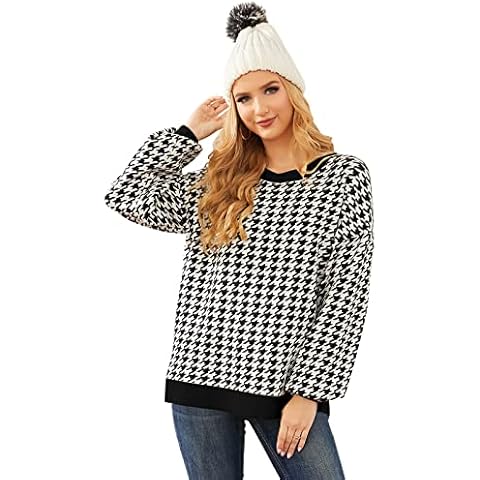 VONDA Jersey Mujer Invierno Cuadros Suéter Largo Cuello Redondo Cover