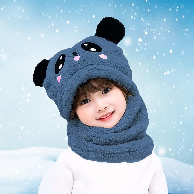 Image of TopiBaaz Cute Panda Cartoon Monkey Cap for Boys and Girls (Pack of 1) | Age - 6 Years to 12 Years |Free Size | Plush Wool | Winter Cap | Neck Scarf