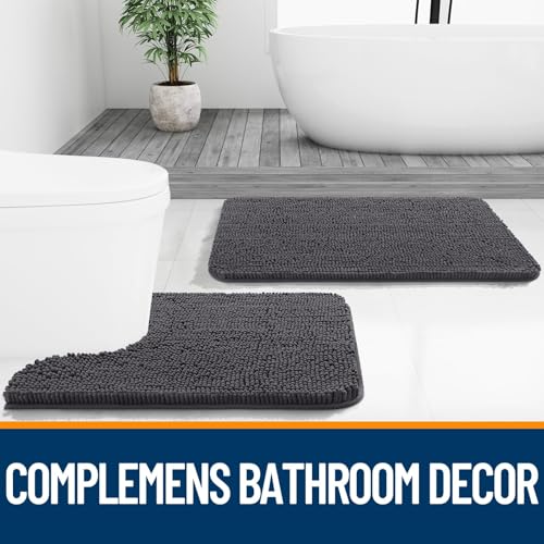 Image of OLANLY Bathroom Rugs Sets 2 Piece, Soft Absorbent Chenille Bath Mats and U-Shaped Contour Toilet Rug, Non-Slip, Machine Washable Bath Carpet, Home Decor Accessories(36 inchx24 inch+24 inchx20 inch, Dark Grey)