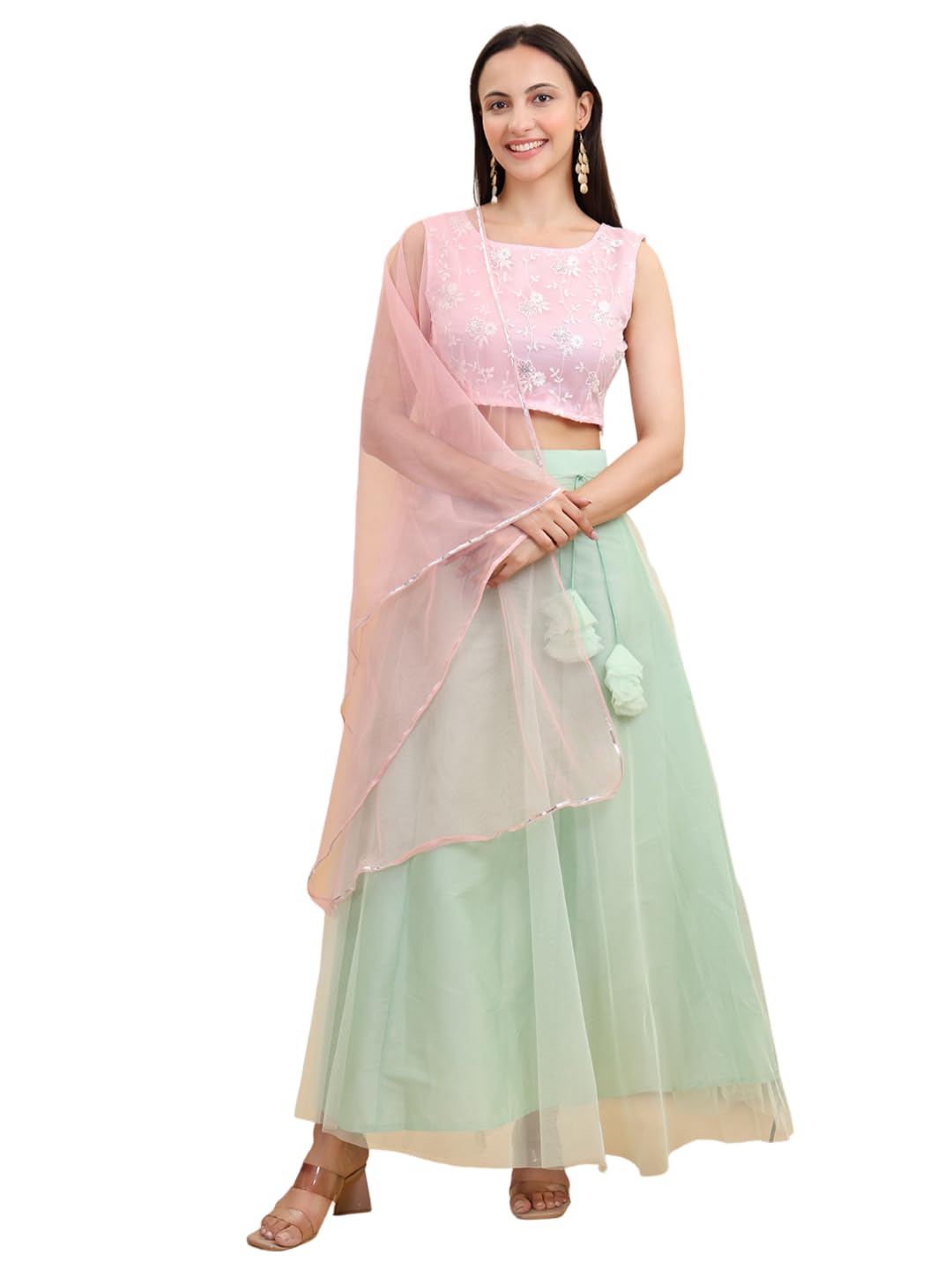 Frolic Rolic Pink Embroidered Net Blouse & Green Net Skirt Set With Dupatta-image-13