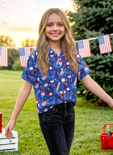 Image of BesserBay Unisex Kids 4th of July Shirt Girls Boys Patriotic Button Down Shirt American Flag Top 4-14 Years