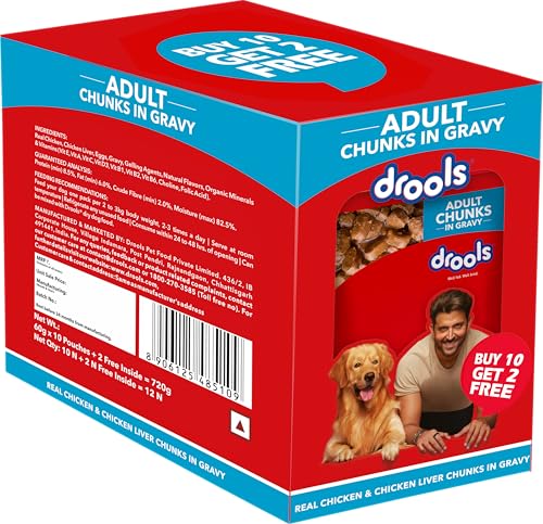 Image of Drools Adult Wet Dog Food, Real Chicken and Chicken Liver Chunks in Gravy,10 Pouches + 2 Pouches Free (12 x 60g) (Pack of 2)