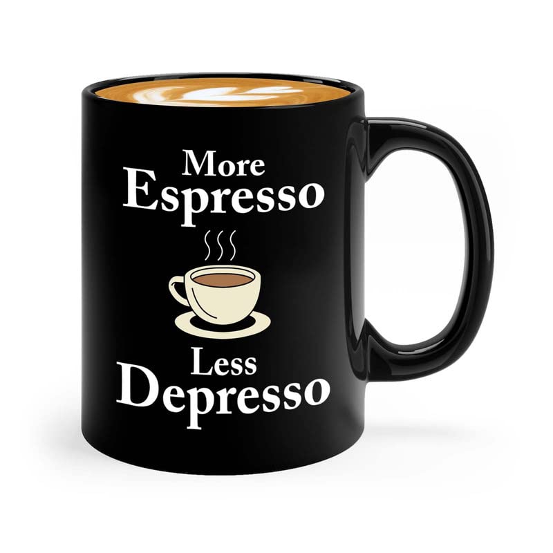 Barista Coffee Mug 11oz Black - less depresso - Coffee Barista Gifts for Coworkers Funny Gifts for Middle Aged Women Coffee Lovers Espresso Latte Art