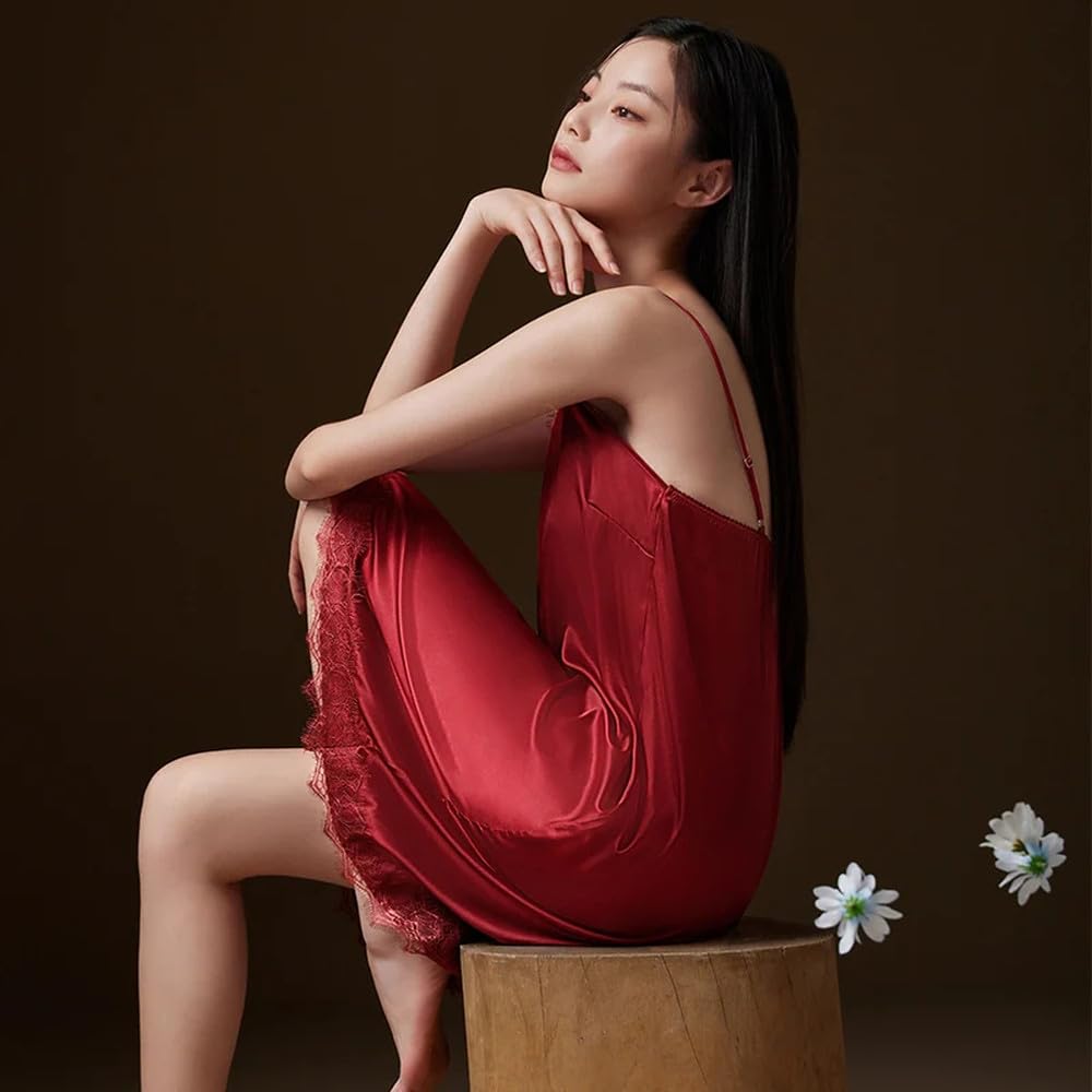 Camisón Para Mujer - Camisones Con Tirantes De Verano Para Mujer, Vestido De Satén De Seda Sin Mangas, Ropa De Dormir Sexy De Encaje Con Cuello En V, Ropa De Casa De Espagueti De Color Sólido
