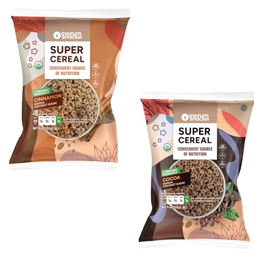 Awsum Snacks Super Cereals Breakfast - Variety Pack Of 2 (Organic Cinnamon & Cacao, Coconut Sugar) - 9 Oz Bag - Vegan Food, Gluten Free Cereal Family Size, Puffed Quinoa, Healthy Organic Cold Cereal cover