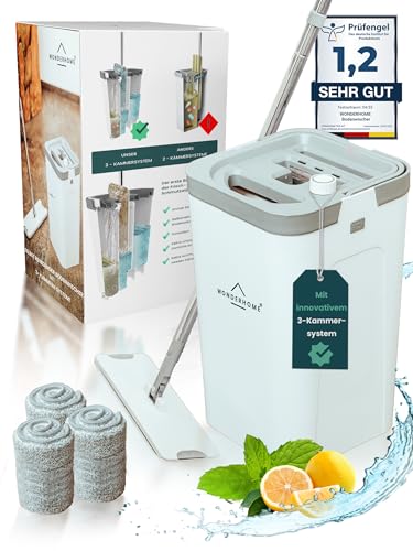 WONDERHOME - Bodenwischer Set mit Eimer - trennt Schmutz - von Frischwasser - innovatives 3 Kammer Wischmop Putzset + Auswringfunktion - Classic [Neu mit verlängerter 140cm Stange bestellen!]