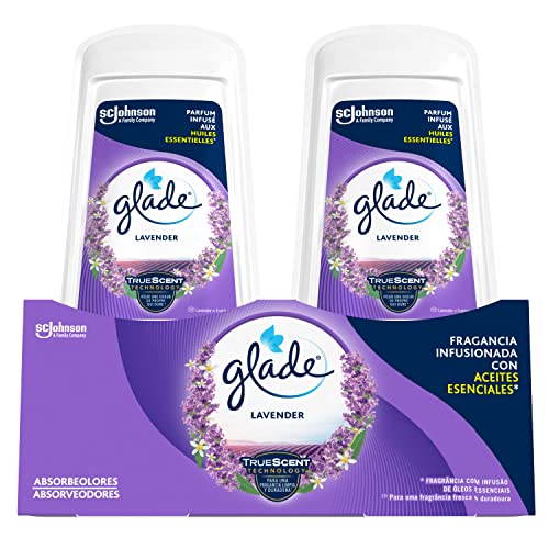 Glade® Gel Ambientador Absorbeolores de Larga duración para baños armarios y espacios pequeños, fragancia Lavanda aceites esenciales, 2 unidades