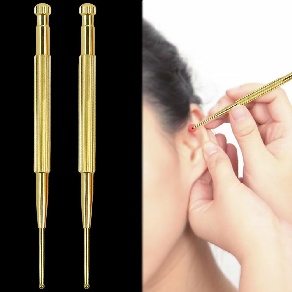 Moeagel フェイスマッサージ 耳つぼ スティック 耳ツボ押し ノック式 2本入り 使いやすい 丸い先端 位置確認しやすい 滑り止めのハンドル 握りやすい 両端使用可能 つぼ押し棒 ドットペン 耐用性 コンパクト 持ち運び便利 (ゴールドー2本入り)