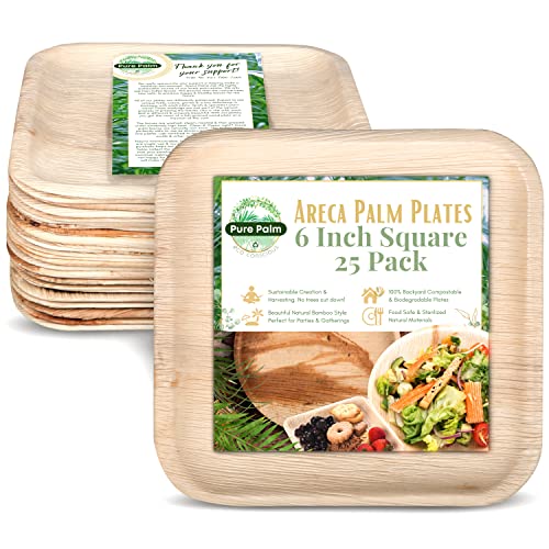 6 in Party Plates Palm Leaf Plates Biodegradable Plates 25 pc Nice Compostable Bamboo Wood Look Small Square Disposable Plates, Eco Friendly Paper Dinner Plates Party Wooden Style Plates by Pure Palm