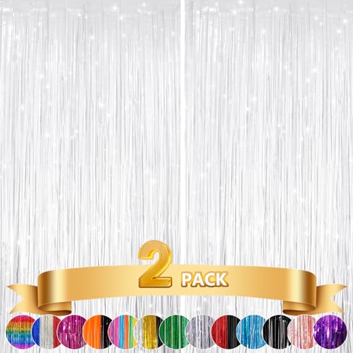Image of 2Pack White Metallic Tinsel Foil Fringe Curtains, White Streamer Backdrop Curtains for Birthday Party Decorations, Fringe Backdrop for Wedding Foil Curtain Backdrop for Bachelorette Party Disco Party