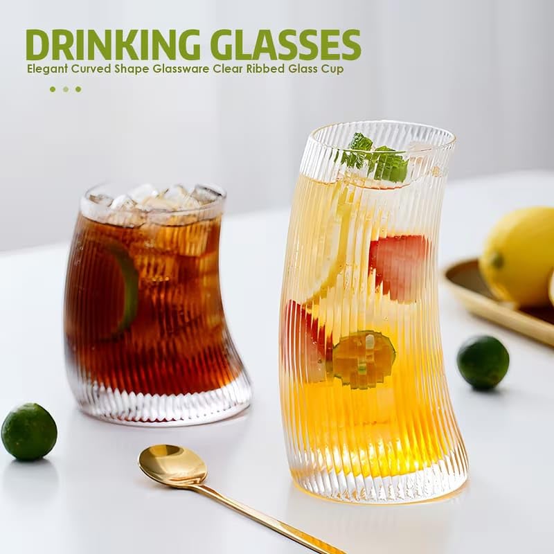 Image of PrimeWorld 520 ml Stripe Slanting Moon Shape Glass | Creative Cocktail, Juice & Milk Drinking Glass | Unique Designer Glass Tumbler for Parties, Home & Cafe