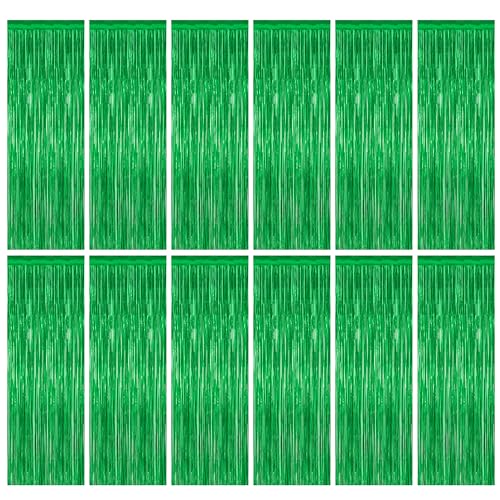 Image of ZATAYE 12 Pack Green Christmas St Patricks Foil Curtain Decorations | Green, Metallic Foil, 3.28 x 7.05 FT, Tinsel Backdrop, Foil Curtain Streamer, Christmas St Patricks Party