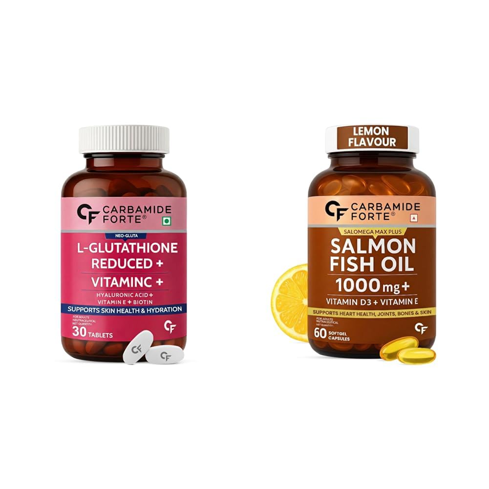 Carbamide Forte Japanese Reduced L Glutathione Tablets 500mg with Vitamin C | Glutathione Supplement with Hyaluronic Acid, Vitamin E, C, Lycopene & Biotin – 30 Veg Tablets & Salmon Omega 3 Fish Oil-image-9