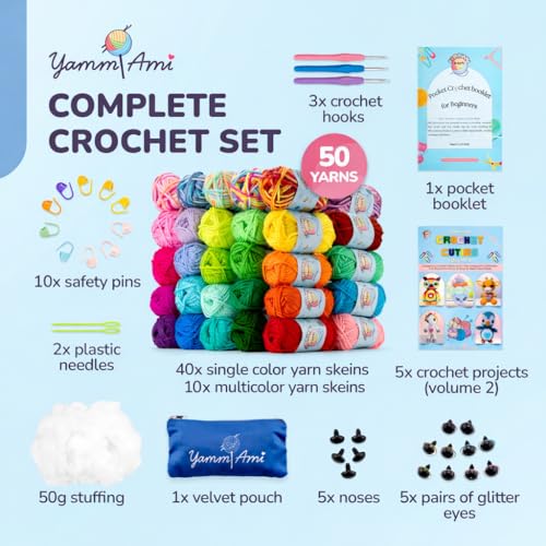 Image of YammiAmi 1,800 Yards Beginner Crochet Kit for Adults - 84 Pc Amigurumi Crochet Kit for Starters with 50 Skeins Yarn, Accessories Set, Ergonomic Hooks, Instruction Book to Learn Crocheting