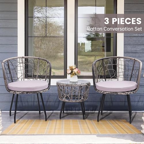 Image of Kromax 3-Piece Patio Modern Bistro Set, Grey /Grey | Outdoor All-Weather Wicker Furniture Chairs and Side Table Set, Ideal for Balcony, Porch and Backyard