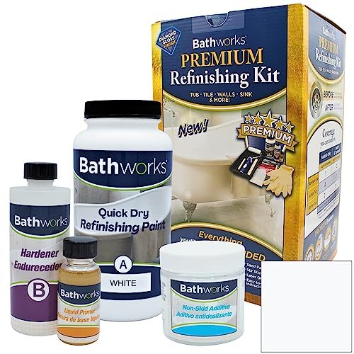 Bathworks Diy "Quick Dry" White Bathtub & Tile Refinishing Kit W/Non-Slip Protection; 22 Oz; Fast 12 Hour Dry Time; Tub; Tile; Wall Surround; Sink; High Gloss Resin Finish (White) #TOP5
