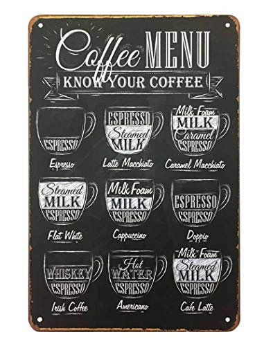 AOYEGO Coffee Menu Know Your Coffee Tin Sign,Kinds Of Coffee List On Black Background Vintage Metal Tin Signs for Cafes Bars Pubs Shop Wall Decorative Funny Retro Signs for Men Women 8x12 Inch AOYEGO Coffee Menu Know Your Coffee Tin Sign,Kinds Of Coffee List On Black Background Vintage Metal Tin Signs for Cafes Bars Pubs Shop Wall Decorative Funny Retro Signs for Men Women 8x12 Inch