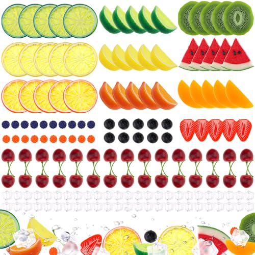 Gresorth 160pcs Artificial Kiwi Slice Yellow Peach Lemon Decoration Fake Watermelon Strawberry Block Realistic Raspberry Blueberry Cherry Ice Cube Display