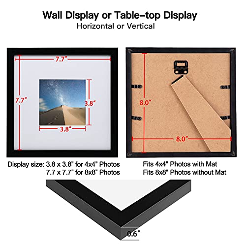 Kinlink 8X8 Picture Frames Black, Square Photo Frames With Real Glass For Picture 4X4 With Mat Or 8X8 Without Mat, Composite Wood Picture Frames For Table Top And Wall Mounting, Set Of 4 #TOP6