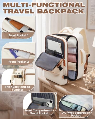 Image of suradar Travel Backpack for Women Men,Carry On Backpack Flight Approved Personal Item Travel Bag Laptop Backpack Waterproof Weekender Essentials Hiking Rucksack Casual Daypack Beige Brown