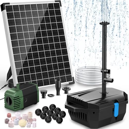 POPOSOAP Kit de filtration solaire et pompe pour bassin et fontaine 20 W – 1060 L/h – Système de filtration solaire pour fontaine avec 4 buses et tuyau de...
