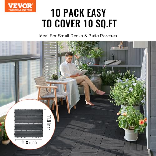 VEVOR Interlocking Deck Tiles, 10 Pack,12"x12" 10 sq. ft Plastic Waterproof Outdoor Flooring All Weather Use, Patio Floor Decking Covering Tiles for Porch Poolside Balcony Backyard, Dark Grey by VEVOR - Image 2