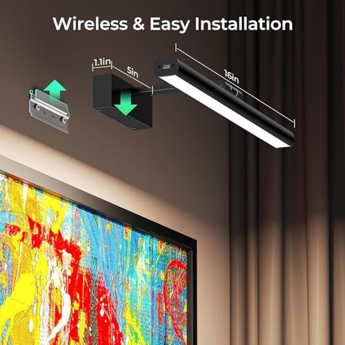 Image of Wireless Picture Lights for Wall, Battery Operated Wall Light for Painting Rechargeable CCT Rotatable 16in Art Gallery Light with Remote Dimmable Timer for Artwork Frame Display Dartboard