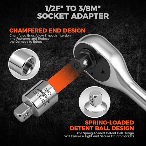 Image of HORUSDY 1 /2 inch Drive 90T Quick-Release Ratchet Handle, Reversible Chrome Alloy Socket Wrench with 1 /2 inch to 3 /8 inch Adapter, Durable and Comfortable for Automotive, DIY, Industrial and Bicycle Repairs