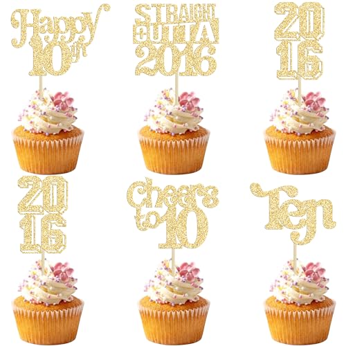 Gyufise 30Pcs Happy 10th Birthday Cupcake Toppers Glitter Ten Straight Outta 2016 Cupcake Picks Cheers to 10 Fabulous Cake Decorations for 10th Birthday Wedding Anniversary Party Supplies Gold