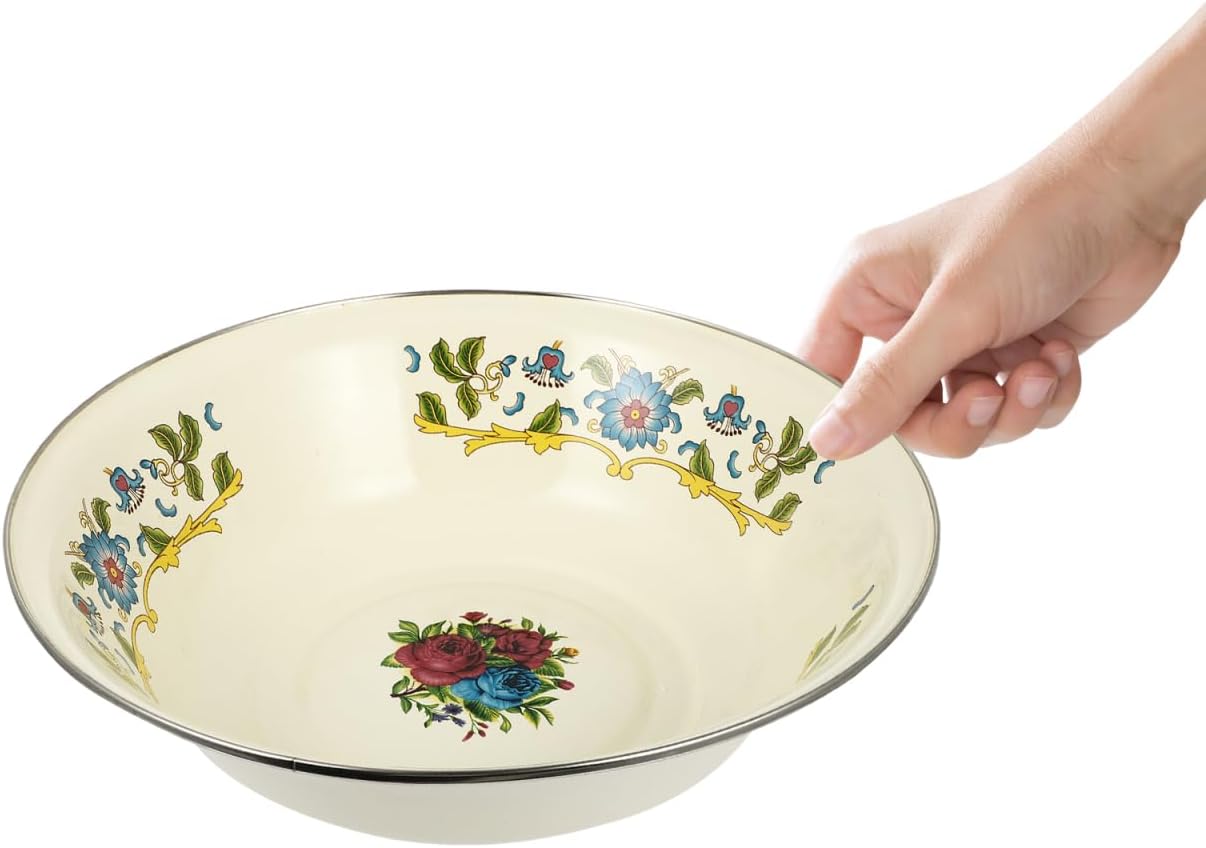 DOITOOL Vintage Mixing Bowl Enamel Bowl Vintage Enamelware Salad Mixing Bowl Enamel Washing Basin Soup Basin Soup Bowl Round Serving Tray for Home (Random Color)