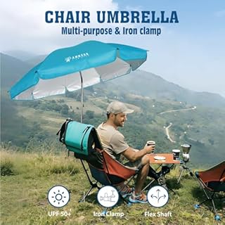 AMMSUN Chair Umbrella with Universal Clamp Adjustable 47 inches and 360° Swivel & UPF 50+ Protection Portable Sun Umbrella, Secure Clip on Camping/Beach Chairs, Stroller, Wheelchair, Golf cart, Lounger, Light Blue, Large-sized
