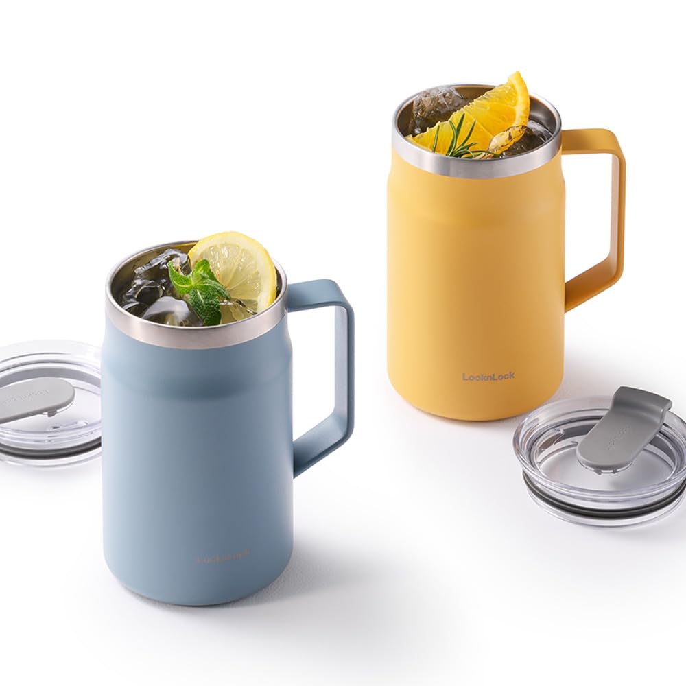 LocknLock Kubek Metro Premium 18/8 stal nierdzewna podwójna ściana izolowany z uchwytem idealny na stół z pokrywką, żółty, 595 ml