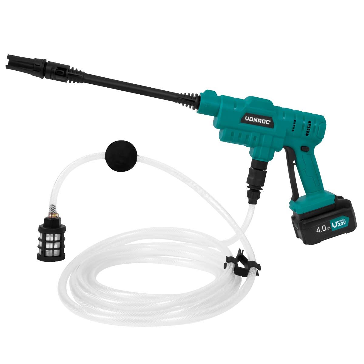 VONROC Hidrolimpiadora compacta sin cable 20V - 24bar - 198 l/h – Incl. manguera de aspiración de 5m, botella de detergente y boquilla pulverizadora ajustable – Con batería de 4.0Ah y cargador rápido