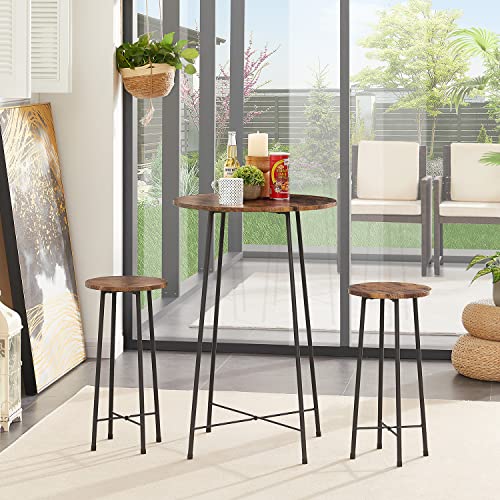 Vecelo Small Bar Table And Chairs, Round Bistro Sets With 2 Barstools, 3-Piece Pub Dining Furniture, Counter Height Wood Top For Breakfast Dinner Coffee Nap Conference, Easy Assembly, Rustic Brown #TOP2