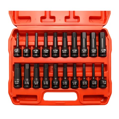 20-Piece 1/2 Drive Master Impact Hex Bit Set Hex Driver Socket Set Allen Bit Socket Set SAE & Metric (1/4 - 3/4 6-19mm) Cr-Mo Steel