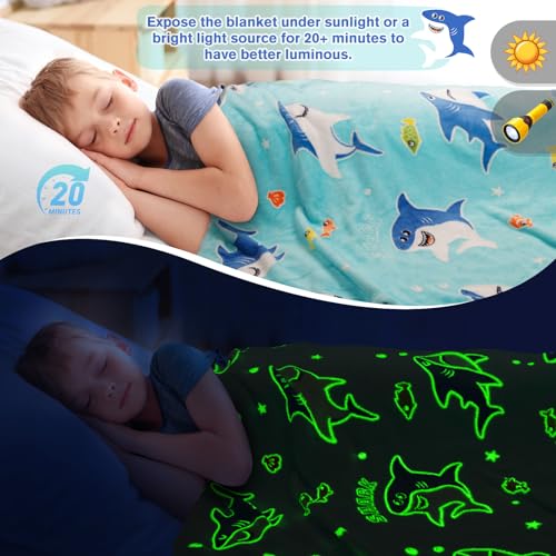 Image of Shark Gifts for Boys Girls - Glow in The Dark Sharks Blanket Christmas Stocking Stuffers for Grandkids Teen Boys Kids 2-14 Years Old Children Toddler Birthday Presents Soft Throw 50 inchx60 inch