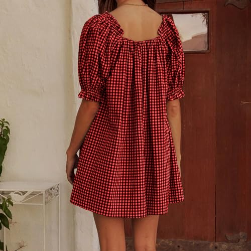 Image of Women Y2k Puff Sleeve Babydoll Dresses Square Neck Tie Back Mini Dress Summer Solid Off Shoulder Flowy Sundress