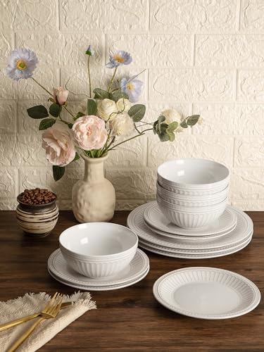 Image of Famiware Garden 18-Piece Embossed Plates and Bowls Sets, Stoneware Reactive Glaze Dishes Dinnerware Set, Modern Rustic, Chip & Scratch Resistant, Microwave & Dishwasher Safe, Service for 6, White