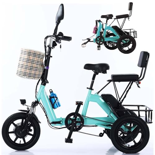 YXYSSMDGHY Bicicleta Eléctrica Plegable De 14" Y 3 Velocidades, Portátil, 350 W, 48 V, 10 Ah, Batería Extraíble, Asiento Trasero Y Cesta, Ideal para Adultos Y Adolescentes.,Green