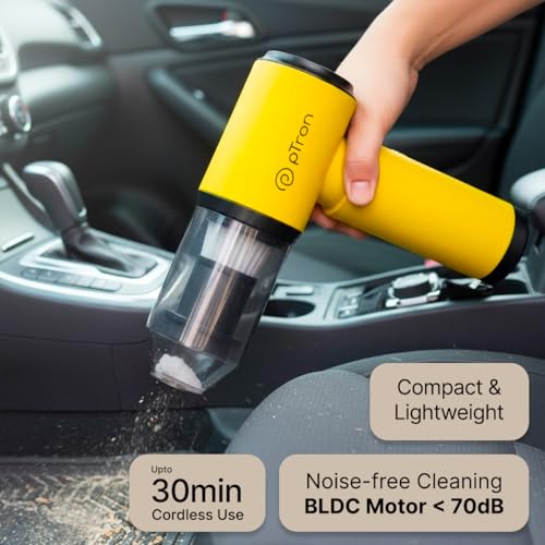 Image of pTron NeoVac X2 18kPA Powerful Suction 110W Cordless Handheld Car /Home Vacuum Cleaner with Blower, High Torque Motor, HEPA 13 Filter, Compact & Lightweight, Rechargeable, Multiple Attachments (Yellow)