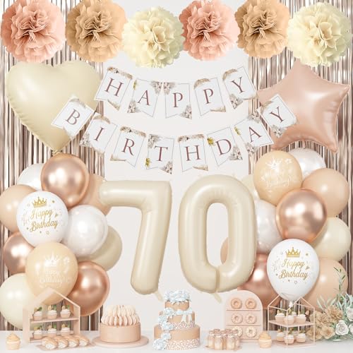 Ballons Crème et Rideaux Dorés pour Fêter un 70e Anniversaire Lumineux et Élégant