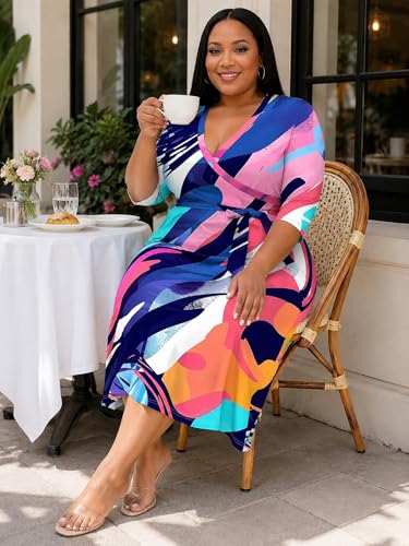 Image of PinkPatty Women's Plus Size Maxi Dress Print 3 /4 Sleeves V Neck Party Sundress Wedding Guest Dresses