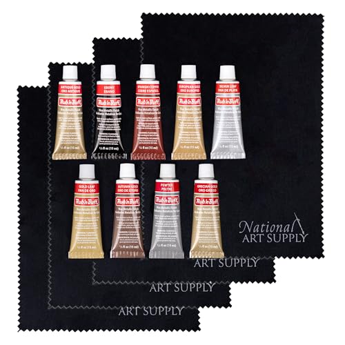 Amaco Rub n Buff Antique Gold Silver Ebony Pewter & Copper 9 0.5oz/15ml Gilding Wax for Wood Metal Glass Furniture Frames & Crafts Smooth Waterproof Finish with 2 5x7 Microfiber Cloths