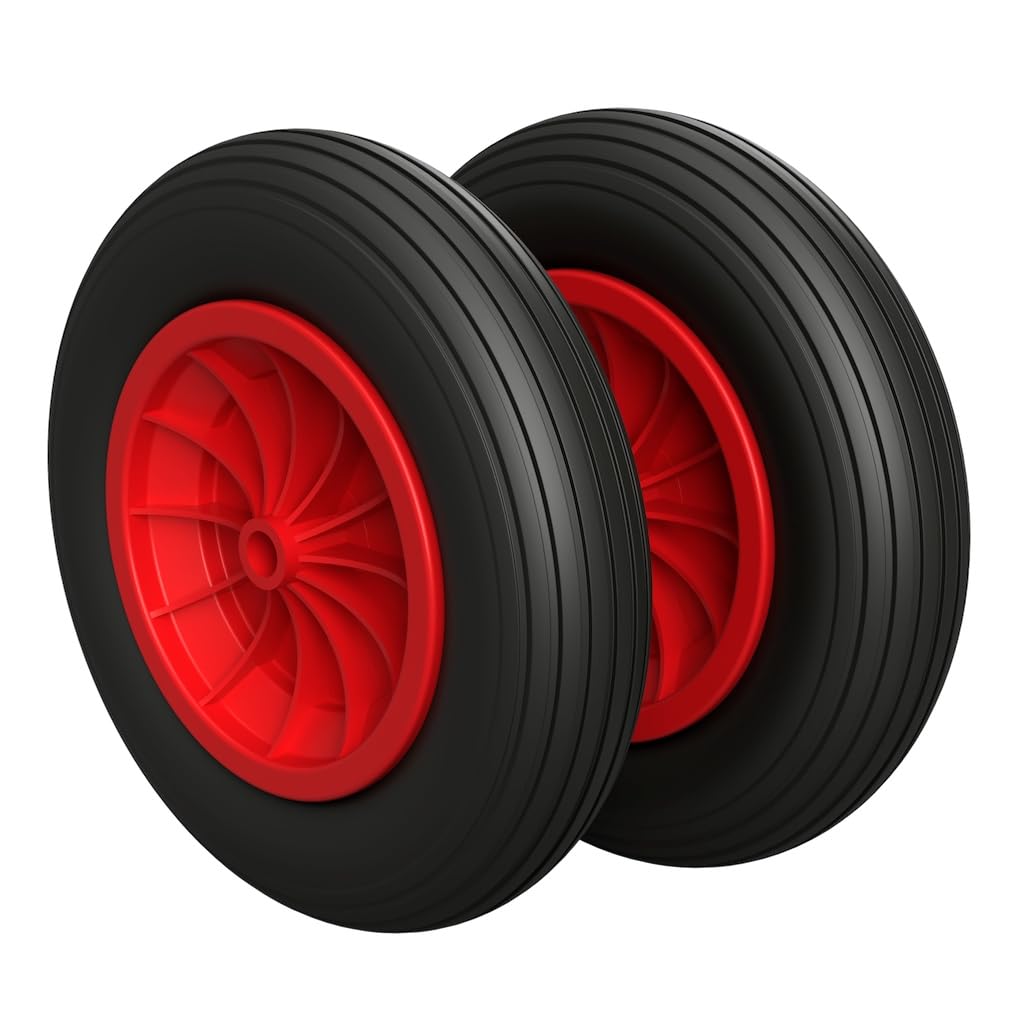 2 x PU Rad Ø 350 mm 3.50-8 Gleitlager Schubkarrenrad Reifen PANNENSICHER, schwarz/rot
