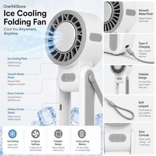 Image of One94Store Ice Cooling Folding Fan, 1800mAh Rechargeable Mini Fan, 5-Speed Portable Personal Fan with Phone Holder, USB Type-C Charging, Foldable Adjustable Design, Lanyard Included, White