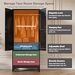 71" Tall Metal Wardrobe Cabinet with 2 Drawers and Hanging Rod, 2 Doors Armoire Wardrobe Closet with Shelf for Bedroom, Office, Laundry Room, Black - Image 4