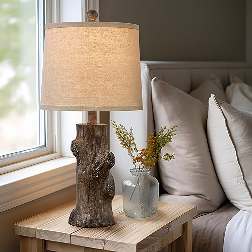 Oyears 23"Resin Table Lamps For Living Room Set Of 2 Country Cottage Farmhouse Lamp For Bedroom Tree Trunk Wood Grain With Oatmeal Fabric Round Shade Vintage Rustic Traditional Nightstand Bedside Lamp thumb #3