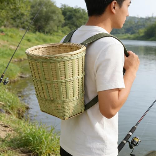 Mochila de Bambú Cesta Cómoda para Pesca con Asas y Estructura Plana 30x26cm 7